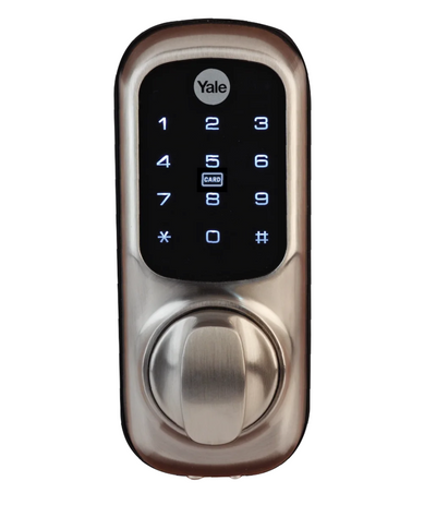 Image of the compact design Keyless Connected Satin Nickel smart door lock, showcasing its modern finish.
