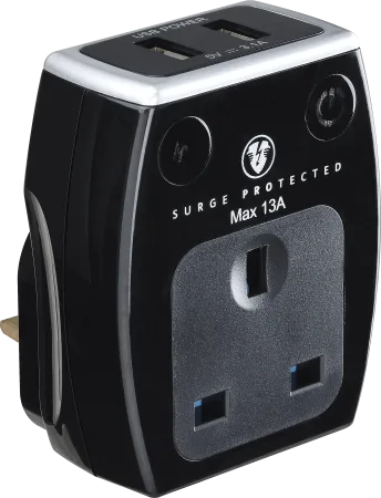 Masterplug 7.5x5.5x8cm single socket surge protected power adaptor with two USB charging points.