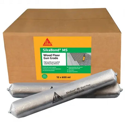 600ml SikaBond MS Wood Floor Gun Grade Adhesive cartridge, shown ready for wood flooring installation.