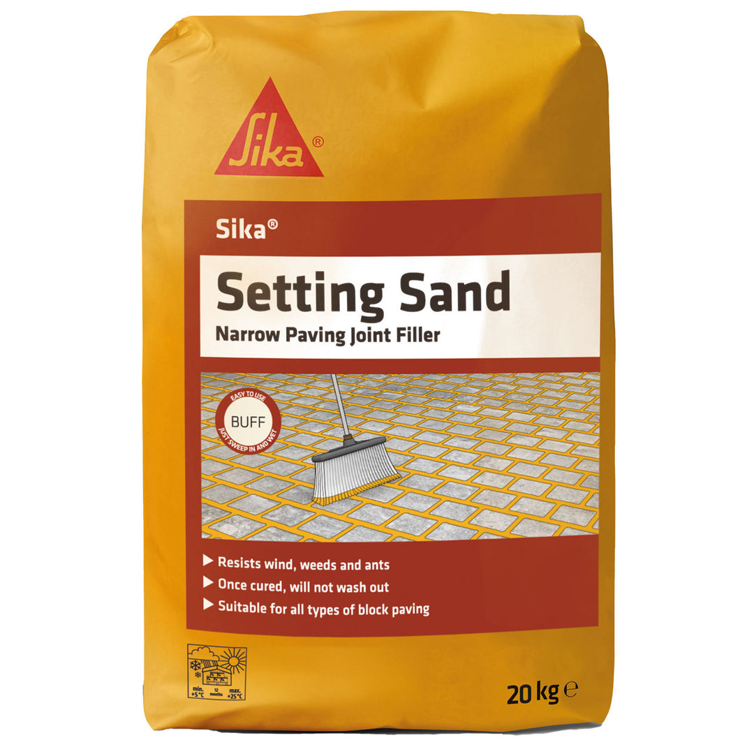 20kg bag of Sika Setting Sand in Buff for paving joints, featuring weed resistance.