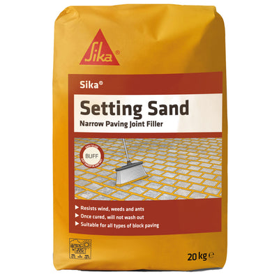 20kg bag of Sika Setting Sand in Buff for paving joints, featuring weed resistance.