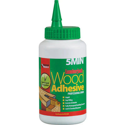 750g bottle of Everbuild Lumberjack 5 Minute PU Wood Adhesive for strong, waterproof bonds.