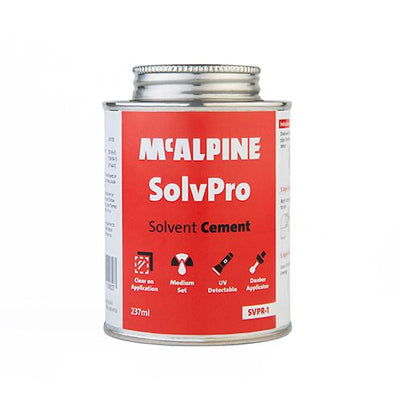 237ml McAlpine SolvPro Solvent Cement bottle for PVC pipe adhesive.