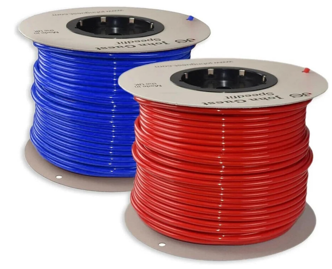Image shows 12mm JG Speedfit LLDPE Red and Blue flexible plumbing tubes (10m each).