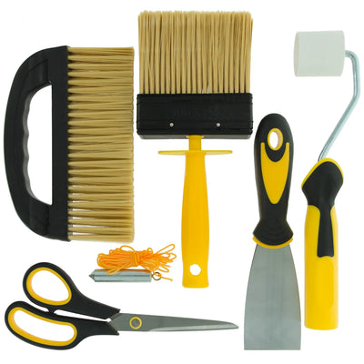 Coral 6PC wallpaper hanging tool set (37x26.5x3cm) with smoothing tool, knife, and brush.